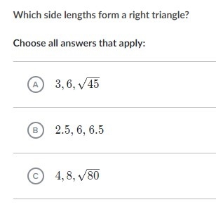 Which side lengths form a right triangle?-example-1