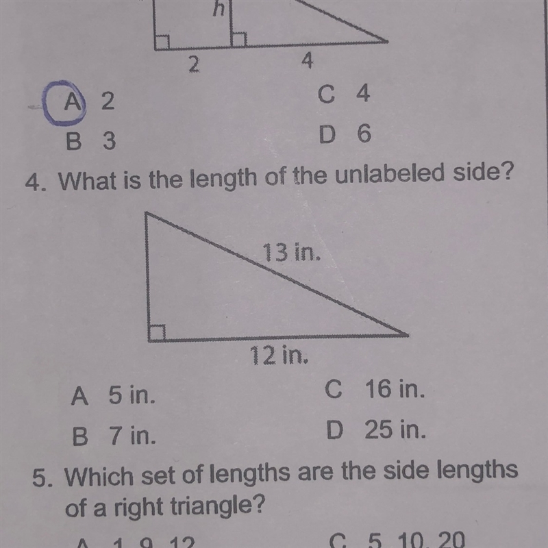 What is the length of the unlabeled side? A- 5 in B- 7 in C- 16 in D- 25 in-example-1