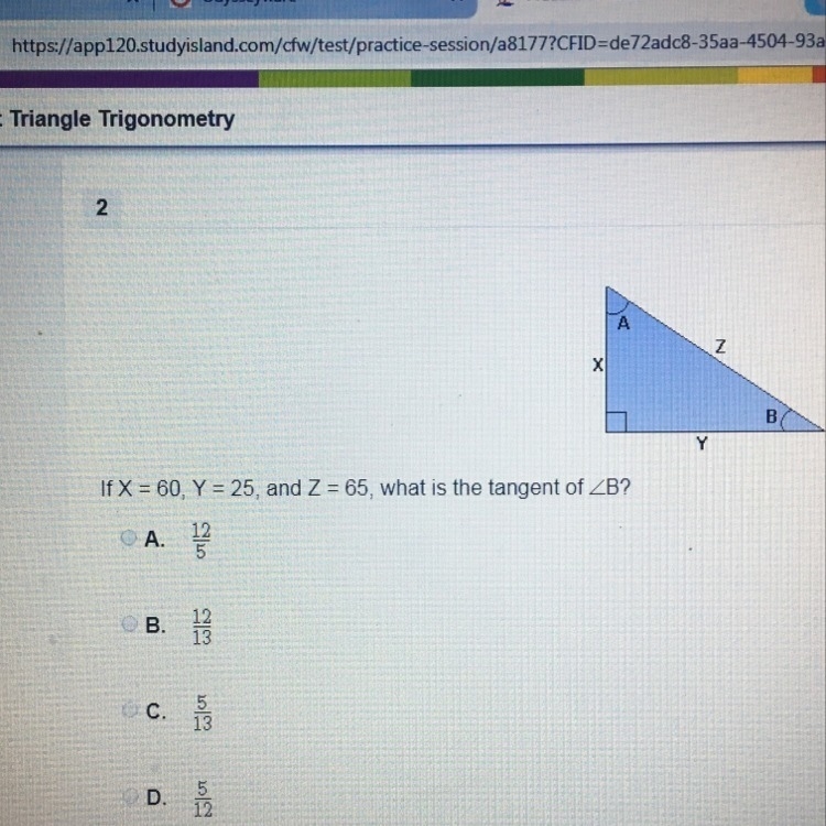 If X=60, Y=25, and Z=65, what is the tangent of-example-1