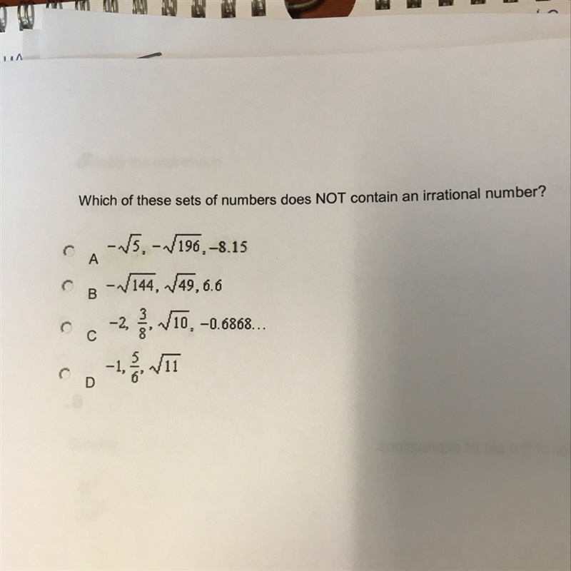 Which set does not contain an irrational number?-example-1