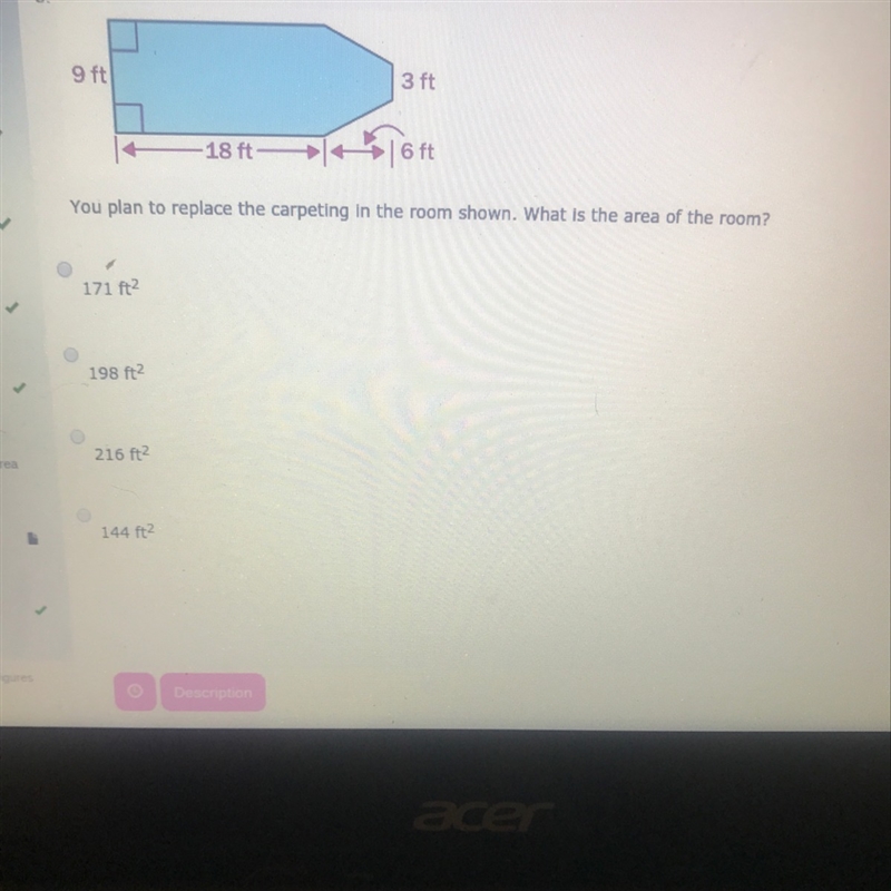 You plan to replace the carpeting in the room shown. What is the area of the room-example-1