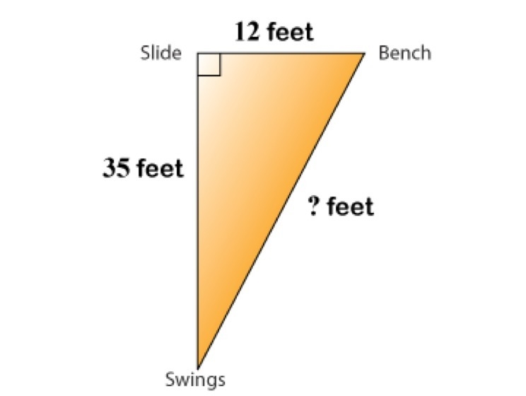 35 feet. The distance from the slide to the bench is 12 feet. Use the Pythagorean-example-1