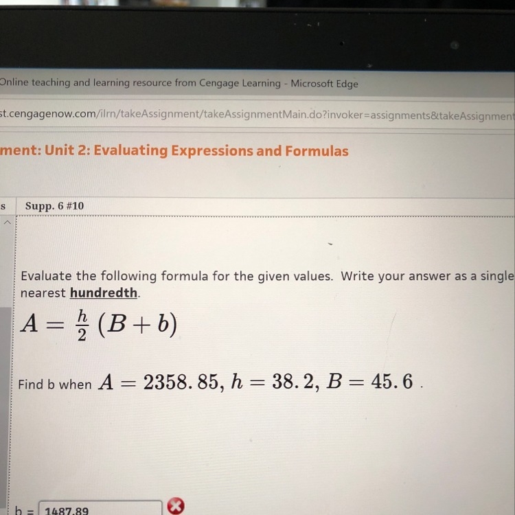 Find b A= 2358.85 h=38.2 B=45.6-example-1