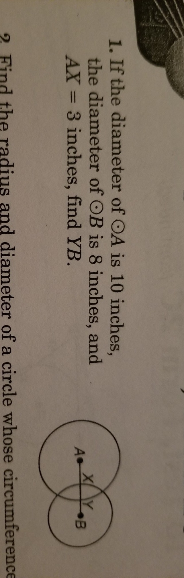 If the diameter of circle A is 10inches the diameter of circle B is 8inches and AX-example-1