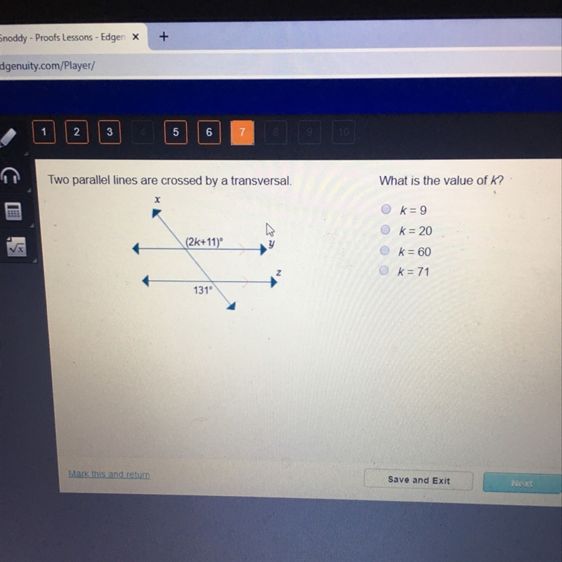 Two parallel lines are crossed by a transversal . What is the value of k?-example-1