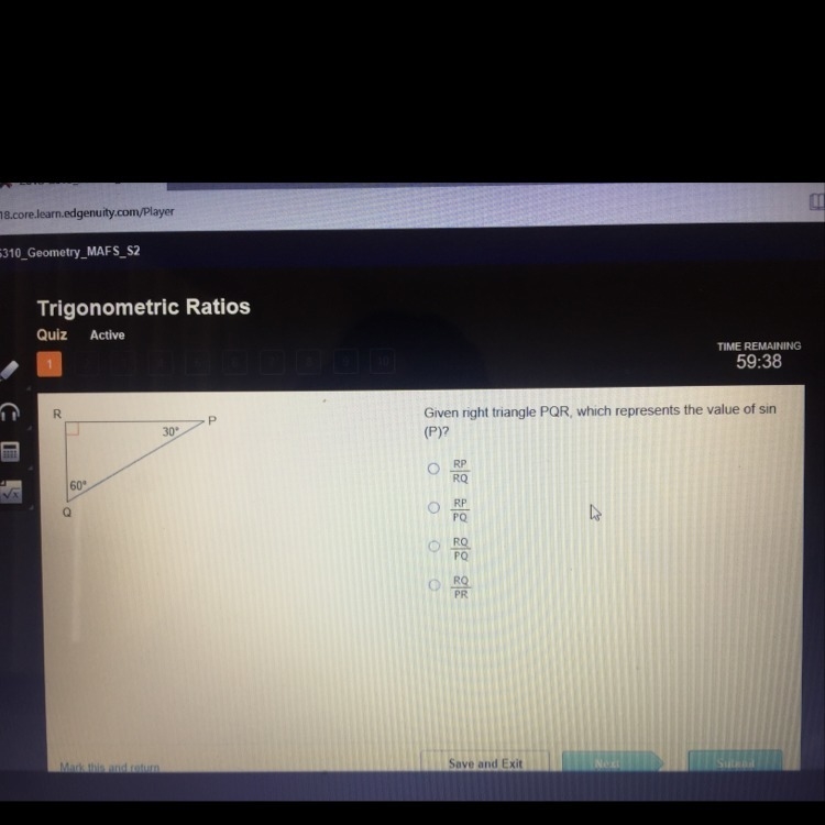 Give right triangle PQR, which representa the value of sin (P)?-example-1