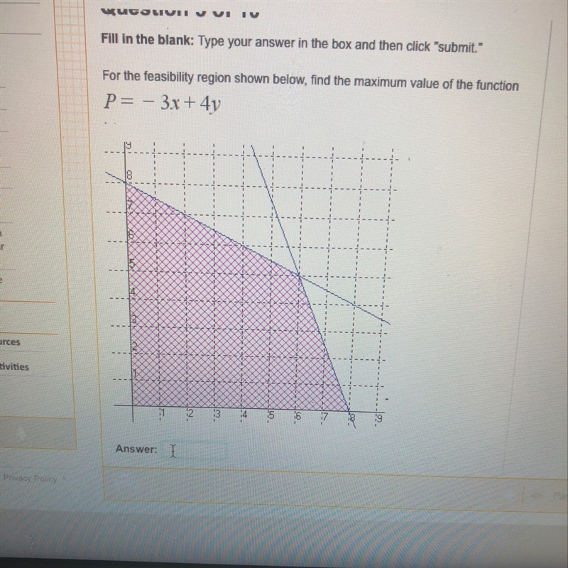 For the feasible region shown below, find the maximum value of the function p = - 3x-example-1