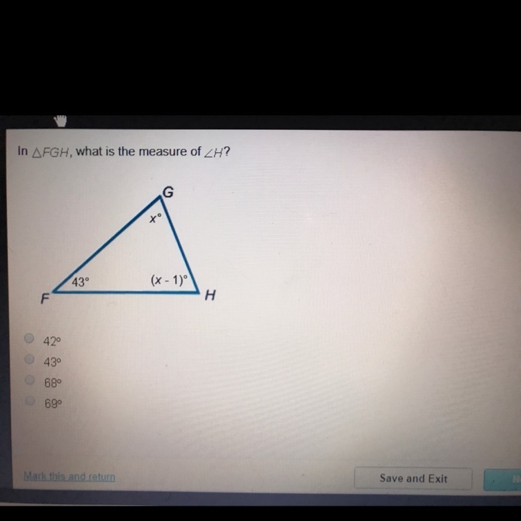 In FGH, what is the measure of H? A. 42 B. 43 C. 68 D.69-example-1