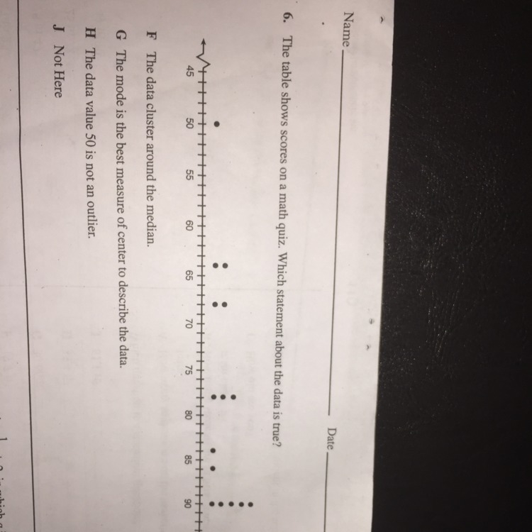 The table shows scores on a math quiz. Which statement about the data is true? F. The-example-1