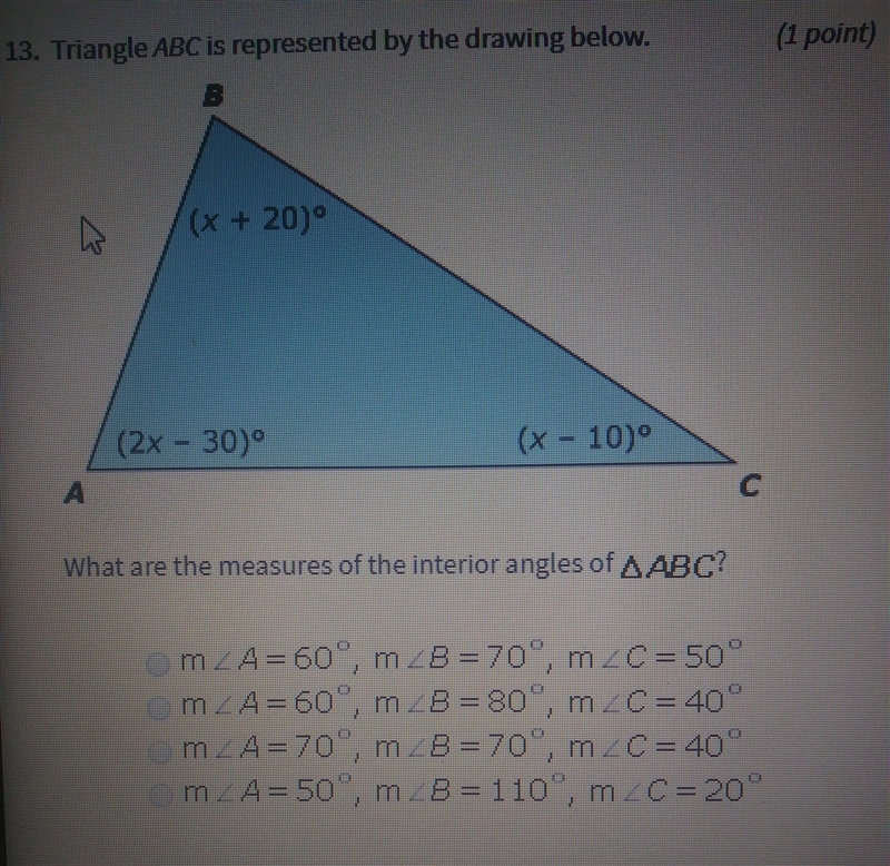 Triangle ABC is represented by the drawing below. What are the measures of the interior-example-1