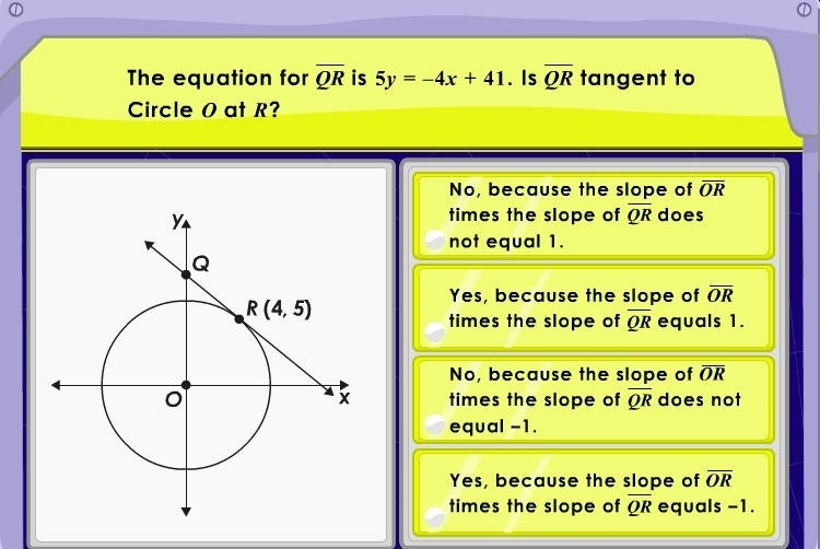 Please HURRY!! The equation for QR is 5y=-4x+41. Is QR tangent to circle O at R-example-1