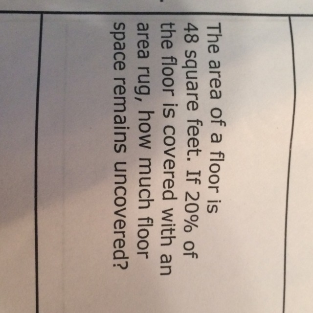 The area of a floor is 48 ft2. If 20% of the floor is covered with an area rug, hue-example-1