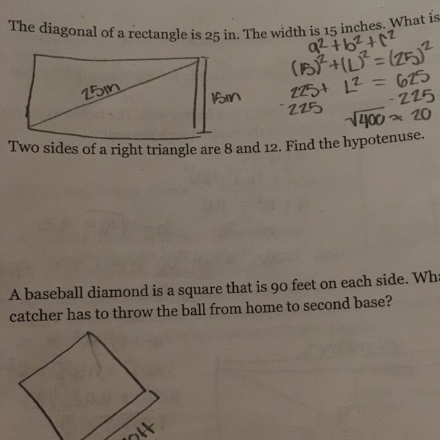 Two sides of a right triangle are 8 and 12. Find the hypotenuse.-example-1