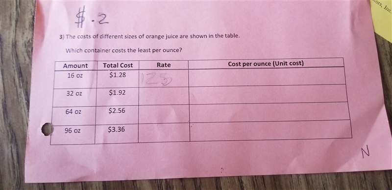 3) The cost of different sizes of orange juice are shown in the table. Wich container-example-1