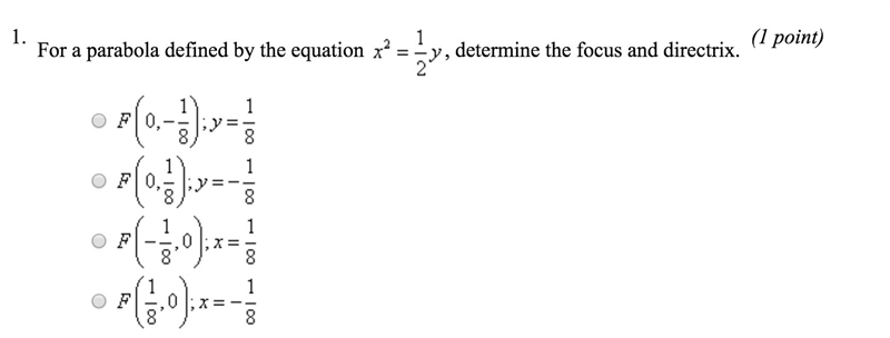 For a parabola defined by the equation x^2 = 1/2y determine the focus and directrix-example-1