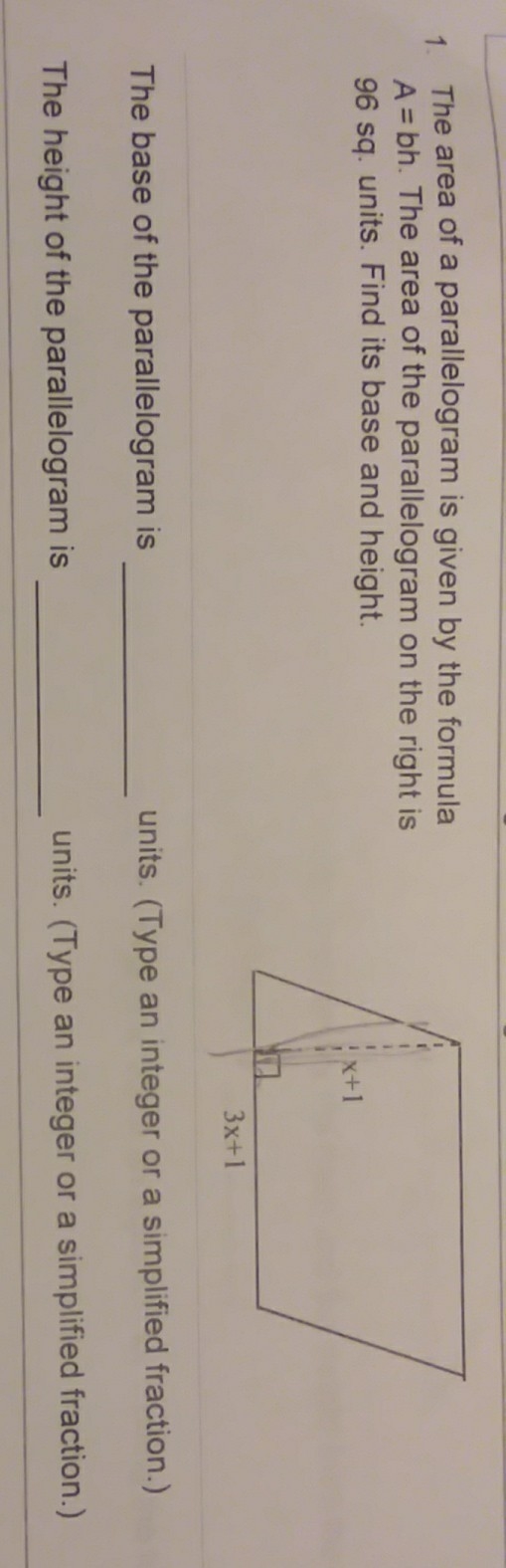 The are of a parallelogram is given by the formula A=bh. The area of the parallelogram-example-1