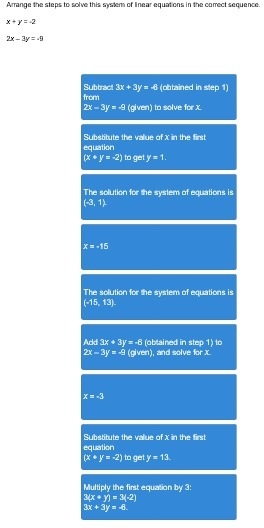 Arrange the steps to solve this system of linear equations in the correct sequence-example-1