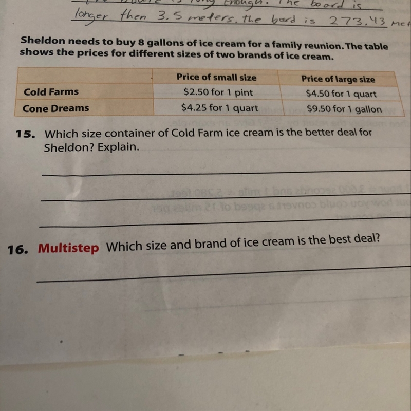 Which size container of cold farm ice cream is the better deal for Sheldon? Explain-example-1