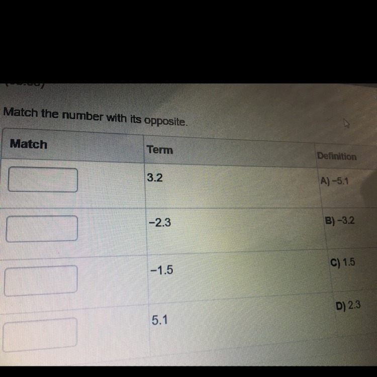 MATCH THE number WITH ITS OPPOSITE-example-1