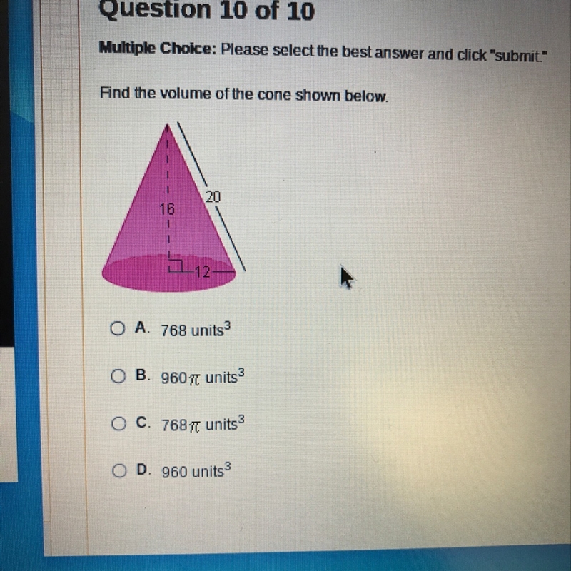 Find the volume of the cone shown below-example-1