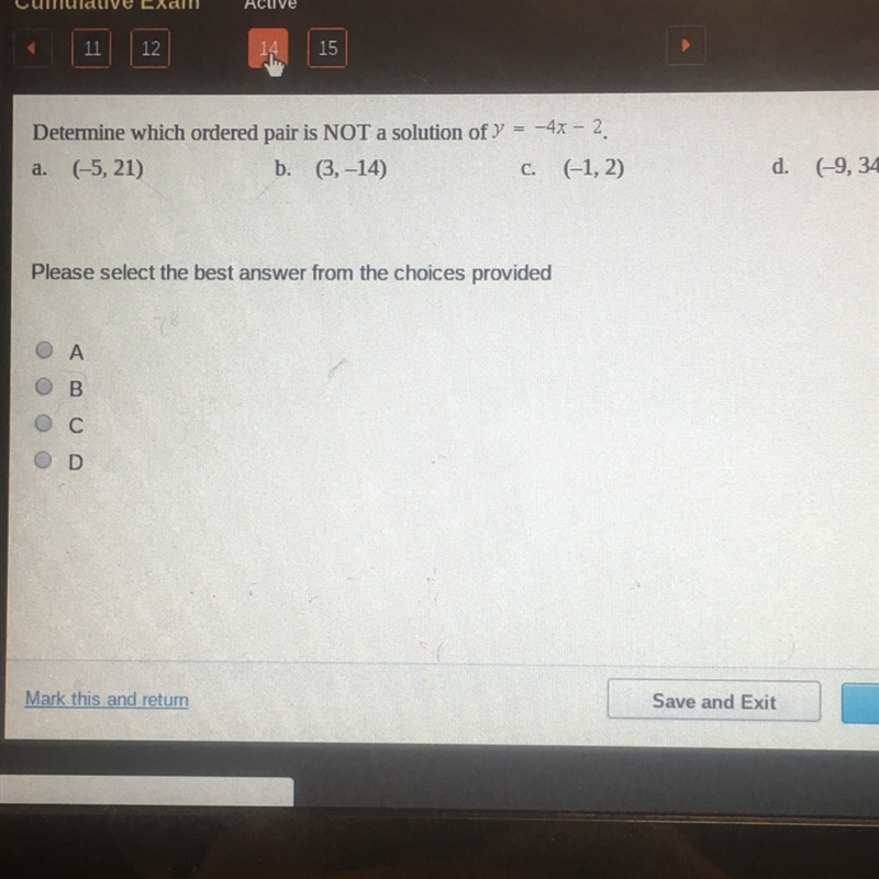 PLS HELP!! determine which ordered pair is NOT a solution of y=-4x-2.-example-1