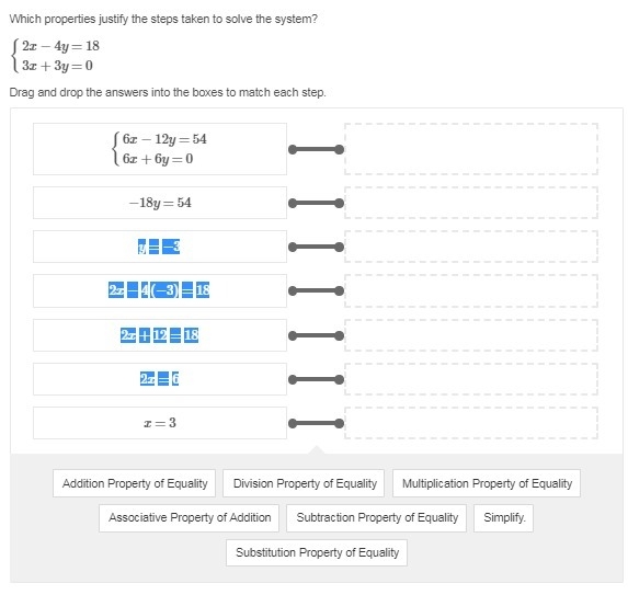 Which properties justify the steps taken to solve the system? {2x−4y=183x+3y=0 Drag-example-1