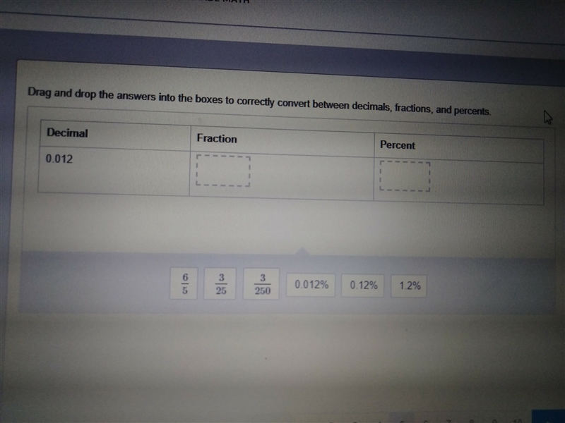 Drag and drop the answers into the boxes to correctly convert between decimals, fractions-example-1