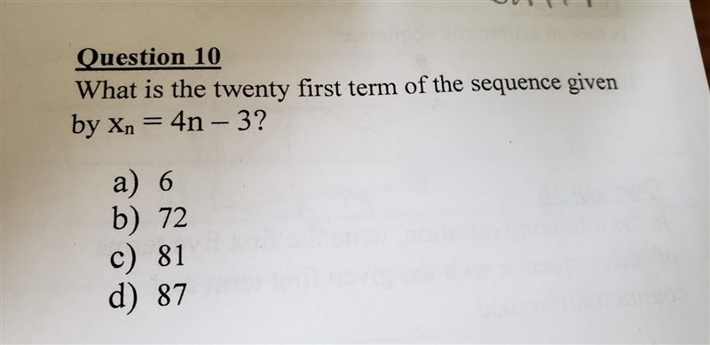 What is the 21st term of the sequence givin by xn=4n-3 is it A) 6 or B)72 or C)81 or-example-1