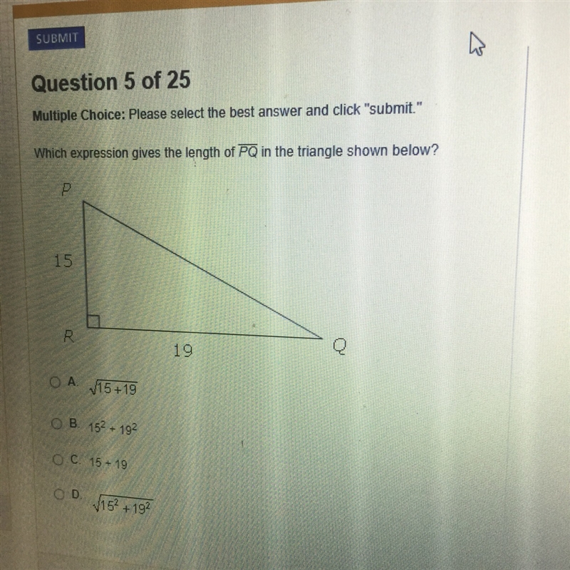 Help please Which expression gives the length of line pq in the triangle shown below-example-1