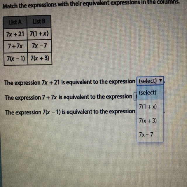 Match the expressions with their equivalent expressions in the columns. Each select-example-1