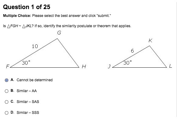 Is FGH ~ JKL? If so, identify the similarity postulate or theorem that applies. I-example-1