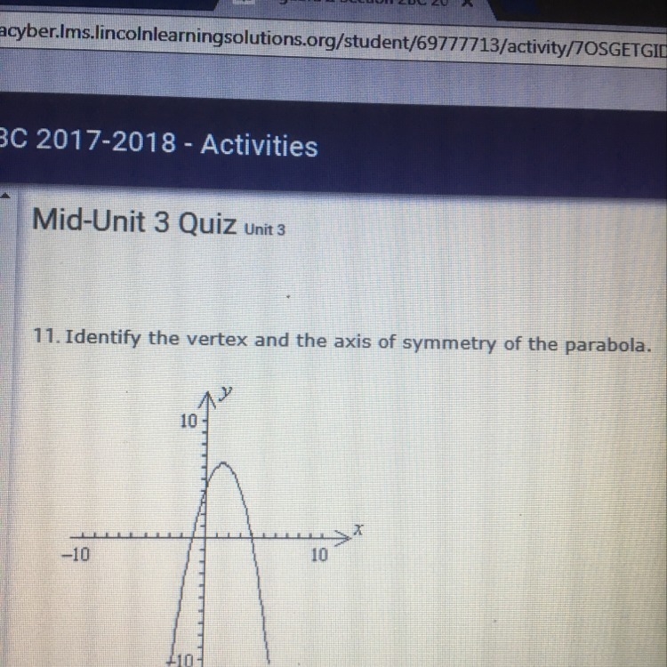 Identify the vertex and the axis of symmetry of the parabola. HELP PLEASE!!!-example-1