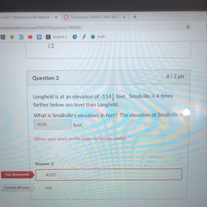 Longfield is at an elevation of -144 1/2 feet. Smallville is 4 times farther below-example-1