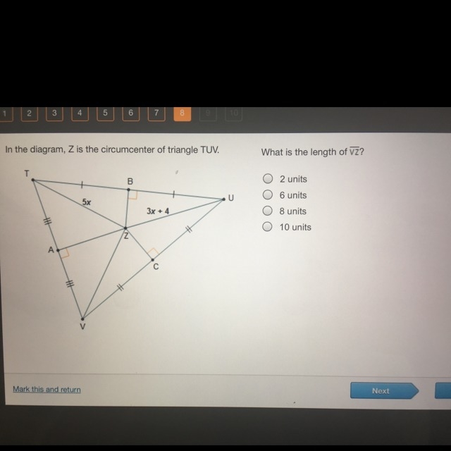 In the diagram, Z is the circumcenter of triangle TUV. What is the length of line-example-1