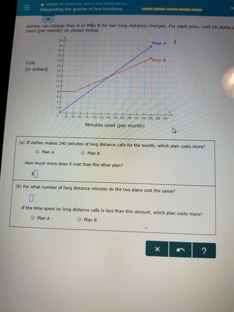 If ashley makes 240 minutes of long distance calls for the month, which plan cost-example-1