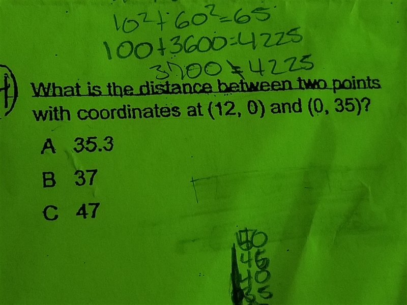 What is the distance between two points with coordinates at (12,0) and (0,35)-example-1