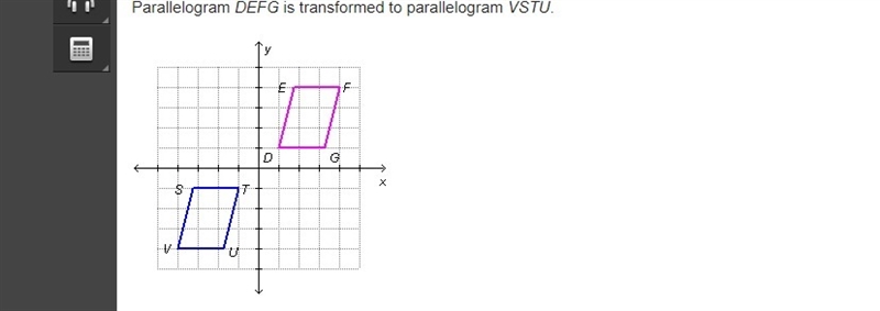 PLEASE ASAP!!!! Parallelogram DEFG is transformed to parallelogram VSTU. Which statement-example-1