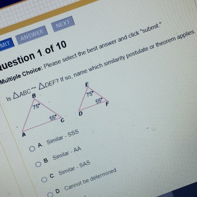 Is ABC ~ DEF? If so, name which similarity postulate or theorem applies?-example-1