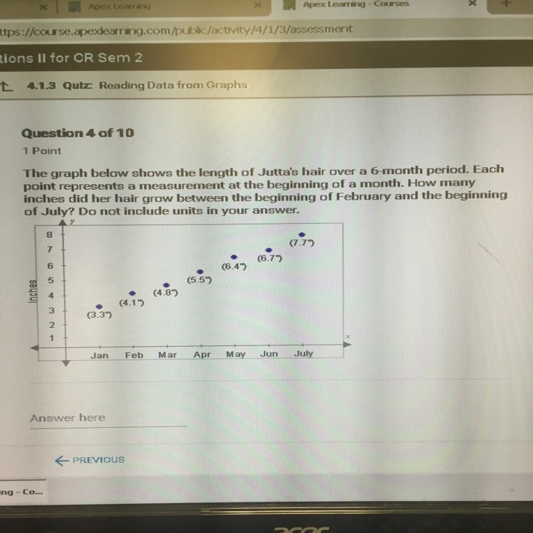 The graph below shows the length of Jutta's hair over a 6 month period. Each point-example-1