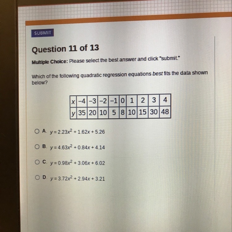 Which of the following quadratic regression equations best fits the data shown below-example-1