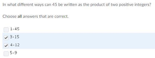 In what different ways can 45 be written as the product of two positive integers?-example-1