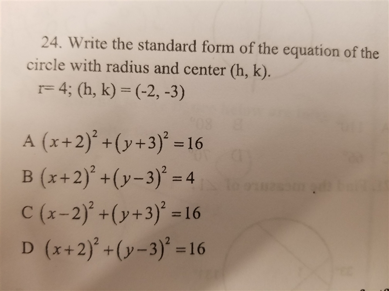 write the standard form of the equation of the circle with radius and center (h,k-example-1