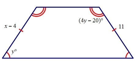 Given that ABCD is an isosceles trapezoid, find x and y. A. x = 7, y= 10 B. x = 15, y-example-1