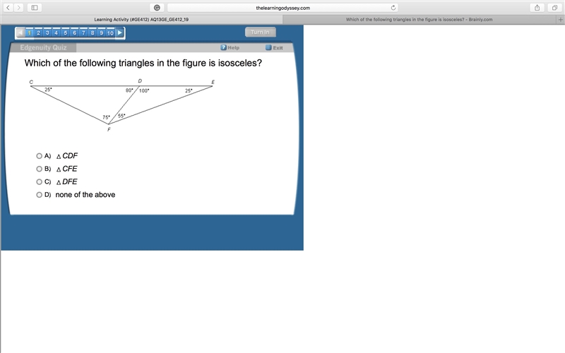 Which of the following triangles in the figure is isosceles?-example-1