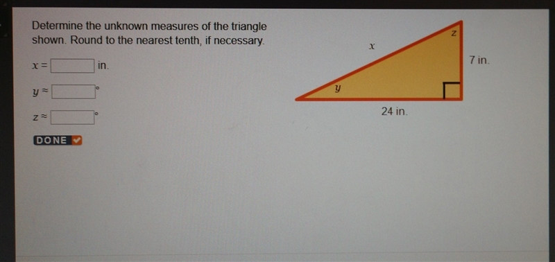 Determine the unknown measures of the triangle shown. round to the nearest tenth, if-example-1