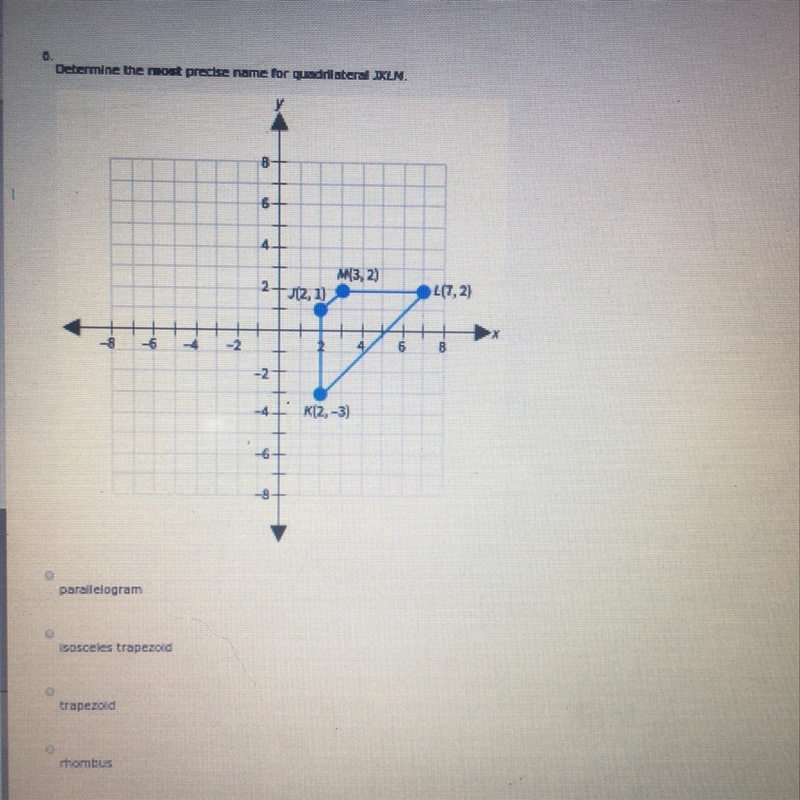 Determine the most precise name for quadrilateral JKLM-example-1