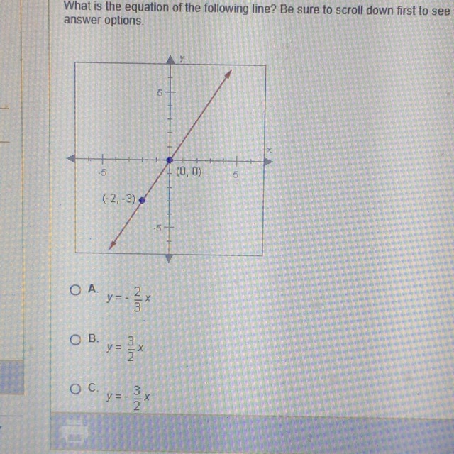 What is the equation of the following line? A. Y=-2/3x B. Y=3/2x C. Y=-3/2x D. Y=2/3x-example-1