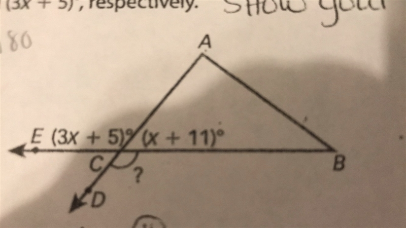 Sides AC and BC of triangle ABC are extended as shown. The measures of ∠ACB and ∠ACE-example-1