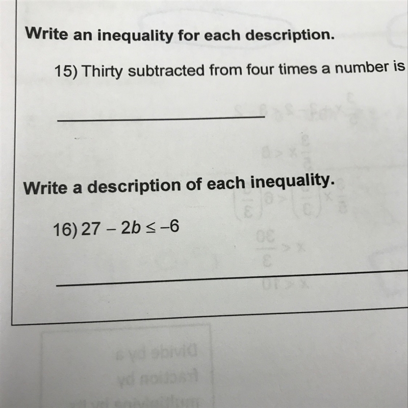 Write an inequality for each description. 1) Thirty subtracted from four times a number-example-1