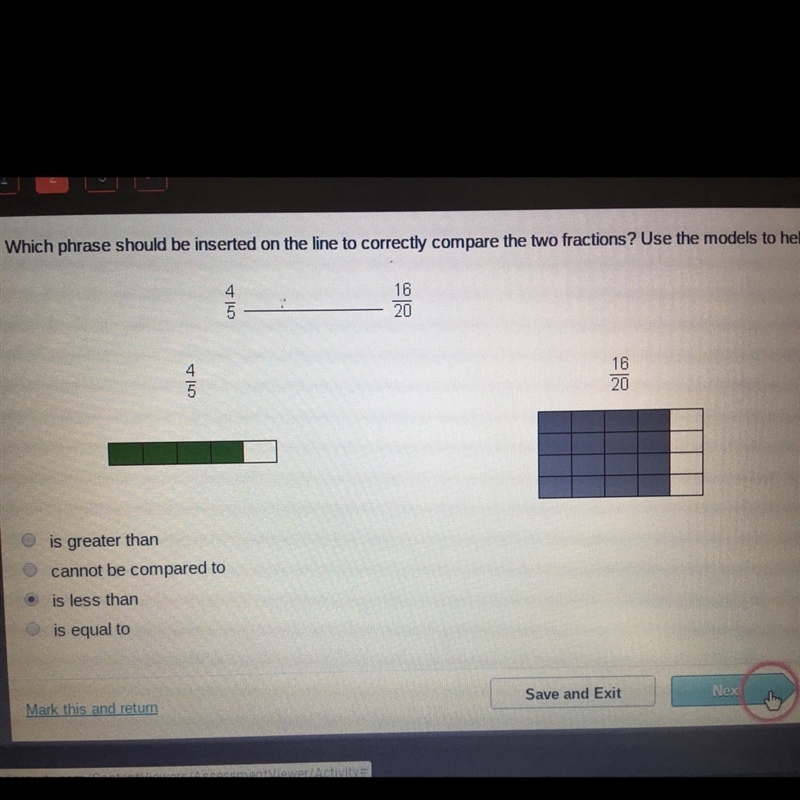 Which phrase should be inserted on the line to correctly compare the two fractions-example-1